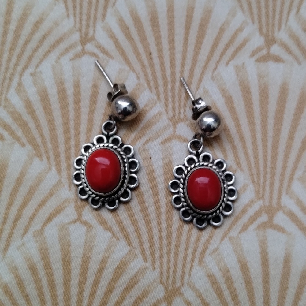 Red Coral sterling Silver 925 Earrings  natural Stone.